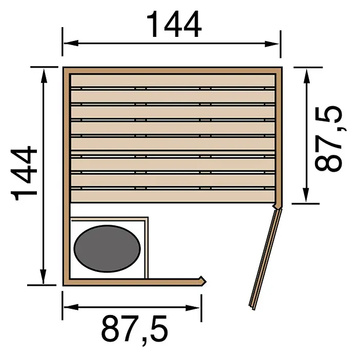Weka Massivholzsauna Laukkala - Mit 3,6 kW Ofen mit digitaler Steuerung, L x B x H: 138,6 x 138,6 x 200 cm - Draufsicht der Sauna mit Maßen. Die Sauna ist 144 cm breit und 144 cm tief, der Eingangsbereich ist 87,5 cm tief.