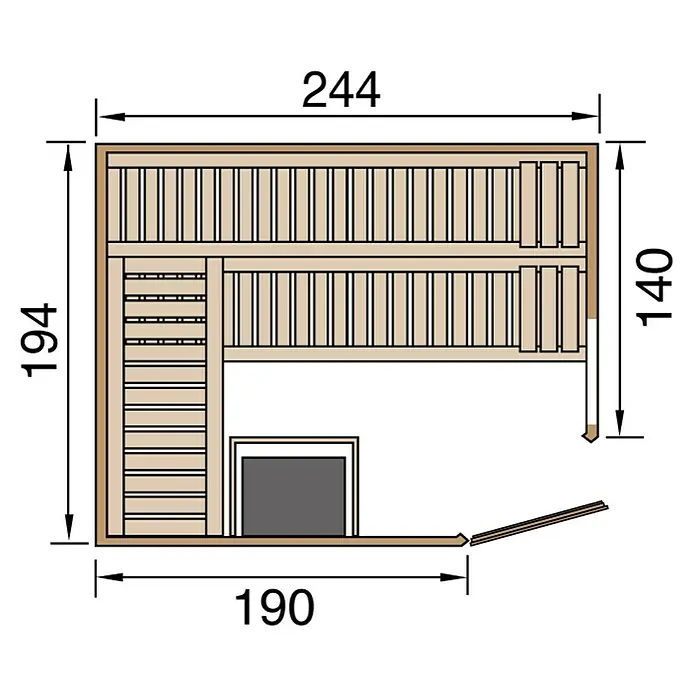 Weka Elementsauna Varberg - Mit 7,5 kW Bio-Ofen mit digitaler Steuerung, L x B x H: 242 x 192 x 199 cm, Anzahl Fenster: 1 Stk. - Grundriss einer Sauna mit Maßen, der die Anordnung von Bänken und Ofen zeigt, um eine optimale Raumnutzung zu ermöglichen.