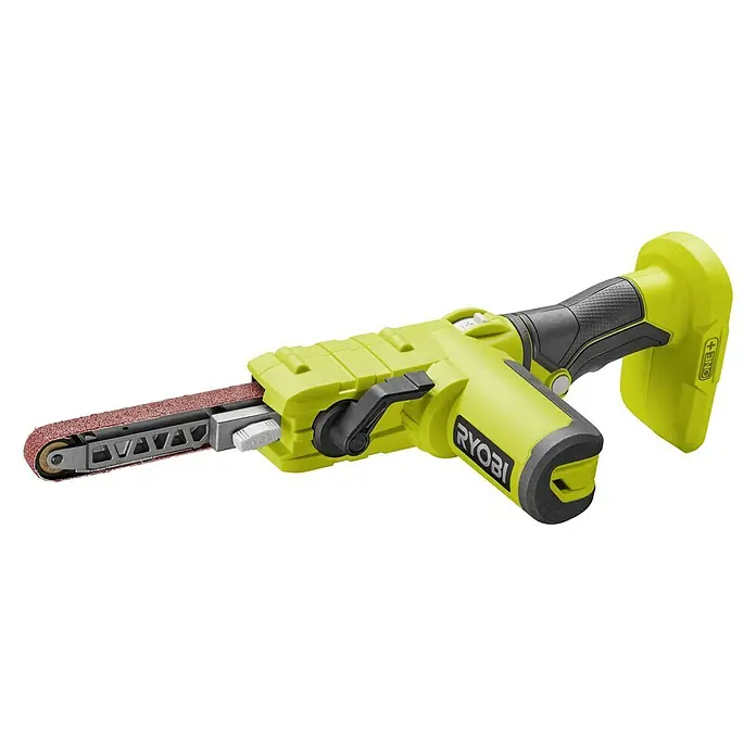 Ryobi ONE+ Maschinenpaket - Akku-Bandschleifer R18PF-0 + gratis Starter-Kit - Nahaufnahme eines RYOBI ONE+ Akku-Bandschleifers, ideal zum Schleifen schwer zugänglicher Stellen.