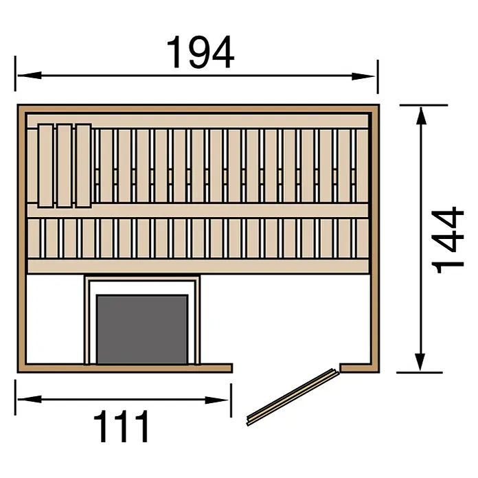 Weka Elementsauna HALMSTAD 7,5 kW BioS Gr.1 - Bioofen, Steuerung Ofen: Extern, L x B x H: 141 x 192 x 199 cm - Sauna-Grundriss mit Bemaßung. Das Layout zeigt eine Sauna mit Bänken, Ofen und Tür, inklusive der Maße 194, 144 und 111 für die Raumplanung.