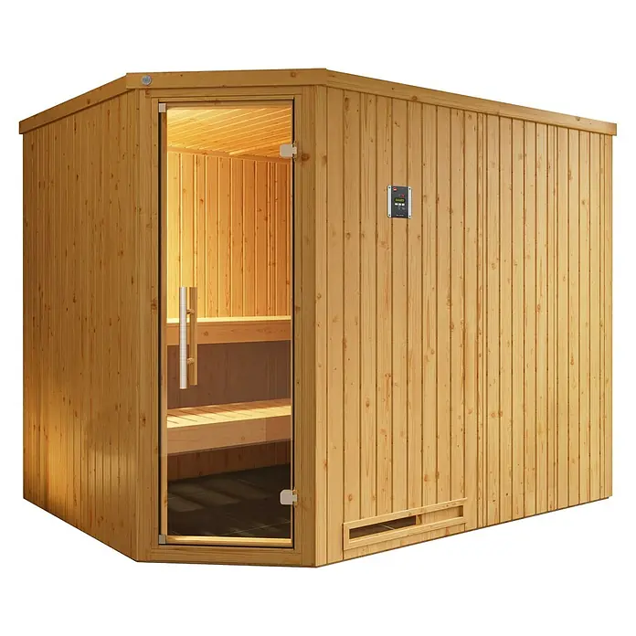 Weka Elementsauna Varberg - Mit 7,5 kW Bio-Ofen mit digitaler Steuerung, L x B x H: 242 x 192 x 199 cm - Ein hölzernes Saunahaus mit Glastür und digitaler Steuerung. Das Design der Sauna ist hell und einladend.