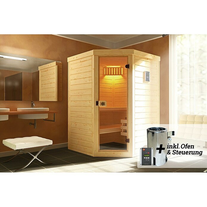 Weka Massivholzsauna Laukkala (Mit 3,6 kW Ofen mit digitaler Steuerung, L x B x H: 138,6 x 138,6 x 200 cm) | BAUHAUS