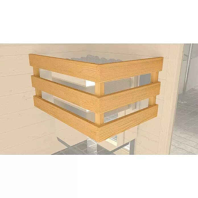 Weka Massivholzsauna Laukkala - Mit 3,6 kW Ofen mit digitaler Steuerung, L x B x H: 138,6 x 138,6 x 200 cm - Quadratischer heller Holzlamellenschutz für einen Saunaofen, mit sichtbaren Steinen, in einer Saunaumgebung.