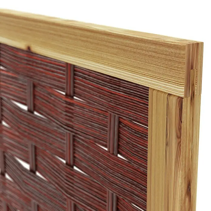 T & J Sichtschutzelement 3D Labo - 94 x 180 cm, Ohne Fenster, Naturbelassen, Braun - Detailaufnahme eines handgefertigten Paravents mit braun-rotem Flechtmuster und hellem Holzrahmen für stilvolle Raumteilung.