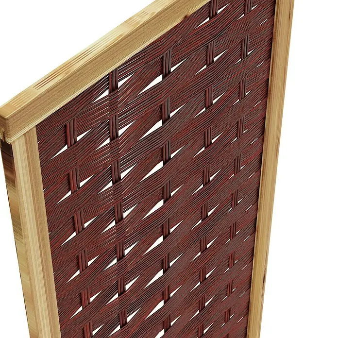 T & J Sichtschutzelement 3D Labo - 94 x 180 cm, Ohne Fenster, Naturbelassen, Braun - Detailaufnahme eines geflochtenen Raumteilers mit Holzrahmen, der eine warme und natürliche Ästhetik vermittelt.
