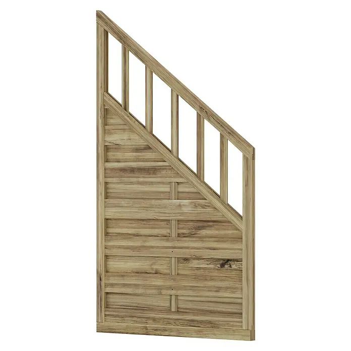 T & J Sichtschutzelement Freiburg - 90 x 90/160 cm, Braun - Eine Nahaufnahme eines Holztreppengeländers mit einem dekorativen Holzzaun. Der Holzzaun ist in horizontaler Ausrichtung gewebt.