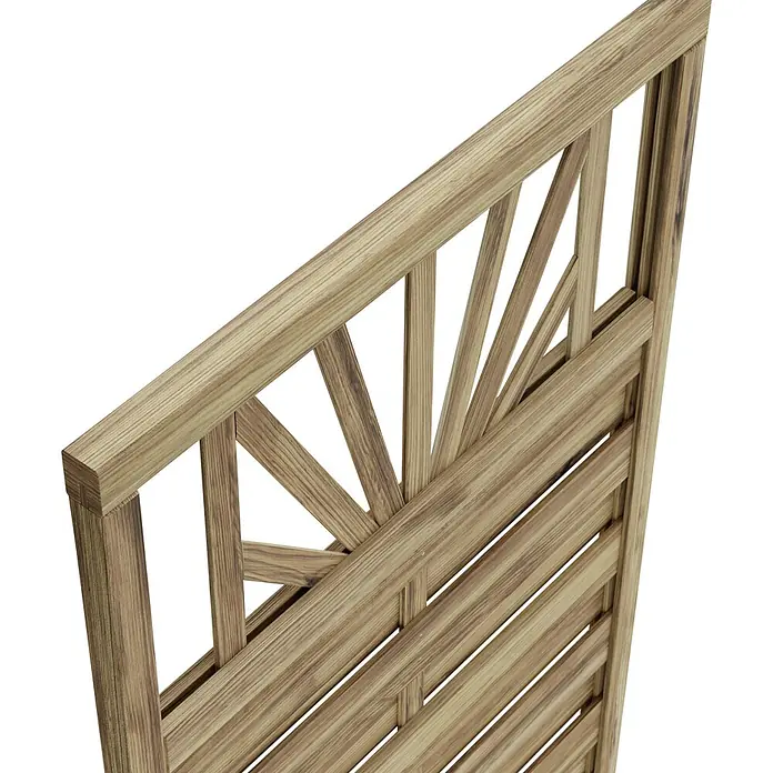 T & J Sichtschutzelement - B x H: 90 x 180 cm, Braun - Nahaufnahme eines dekorativen Holzzauns mit einem einzigartigen Design. Perfekt, um jedem Garten oder Außenbereich einen Hauch von Eleganz zu verleihen.