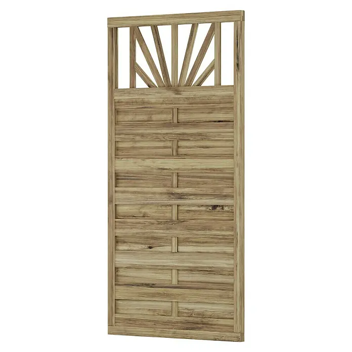 T & J Sichtschutzelement - B x H: 90 x 180 cm, Braun - Elegante Holztür mit Sonnenmuster und horizontalen Lamellen. Die Tür ist aus hellem Holz gefertigt und verleiht jedem Eingang einen rustikalen Charme.