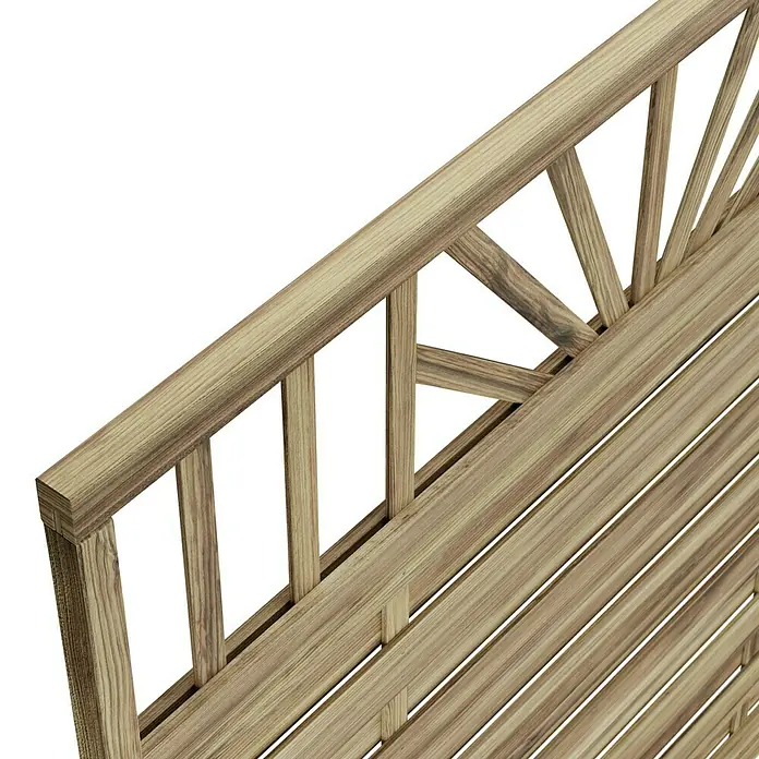 T & J Sichtschutzelement Freiburg - B x H: 180 x 180 cm, Braun - Detailaufnahme einer Gartenbank aus Holz mit markanter Maserung, die die natürliche Schönheit und Robustheit des Produkts hervorhebt.