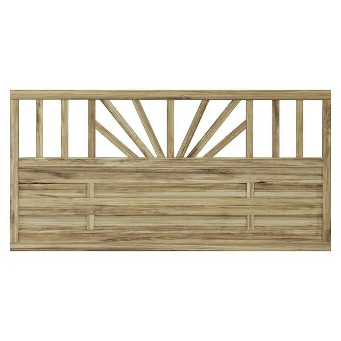 T & J Sichtschutzelement Freiburg - B x H: 180 x 90 cm, Braun - Holztor mit Sonnenstrahlenmuster und horizontalen Holzpaneelen. Das Tor ist aus hellem Holz gefertigt und hat ein rustikales Aussehen.