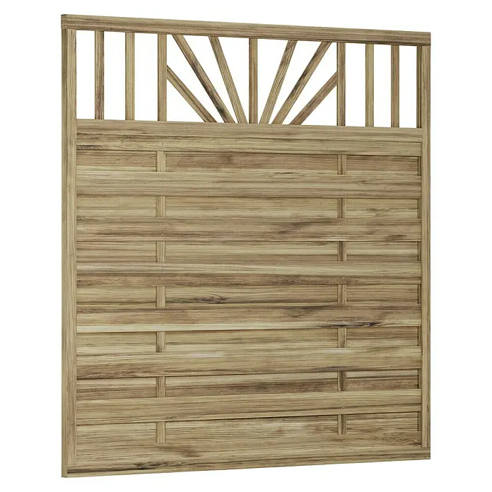 T & J Sichtschutzelement Freiburg - B x H: 180 x 180 cm, Braun - Ein Holzzaunpaneel mit dekorativem Oberteil, ideal zur Abgrenzung und Aufwertung des Gartens. Die natürliche Holzstruktur sorgt für eine warme Atmosphäre.