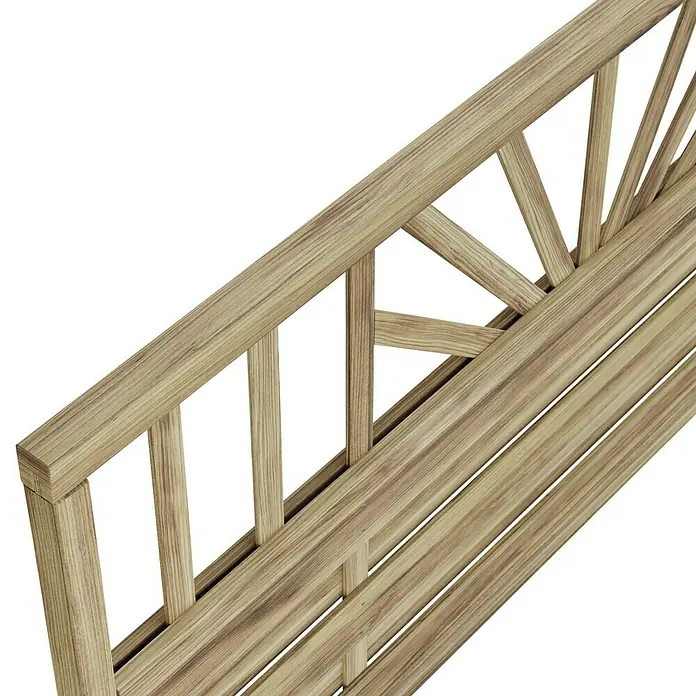 T & J Sichtschutzelement Freiburg - B x H: 180 x 90 cm, Braun - Detailaufnahme einer hellen Holzbank mit kunstvollen Verzierungen, die die feine Handwerkskunst und das natürliche Material hervorhebt.