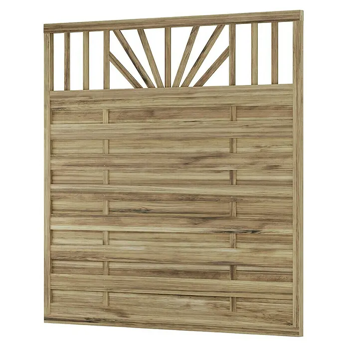 T & J Sichtschutzelement Freiburg - B x H: 180 x 180 cm, Braun - Holzgartenzaun mit dekorativen Elementen, ideal für Privatsphäre und Gartengestaltung. Der Zaun besteht aus horizontalen Brettern und einem Lattenaufsatz.