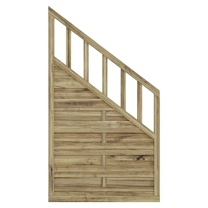 T & J Sichtschutzelement Freiburg - 90 x 90/160 cm, Braun - Detailaufnahme eines dekorativen Holzzauns mit diagonal verlaufendem Geländer, ideal für Garten- und Terrassengestaltung mit rustikalem Charme.