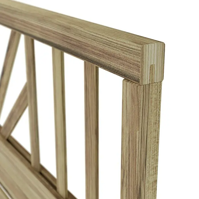 T & J Sichtschutzelement Freiburg - B x H: 180 x 180 cm, Braun - Nahaufnahme einer stilvollen Gartenbank aus hellem Holz mit filigranem Gittermuster, perfekt für entspannte Stunden im Freien.