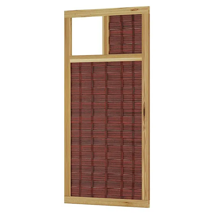 T & J Sichtschutzelement 3D Labo94 x 180 cm, 1 Fenster mit Rand, Braun - Nahaufnahme eines Holzpaneels mit rotem Flechtmuster und einem offenen Bereich. Das Paneel hat einen hellen Holzrahmen.