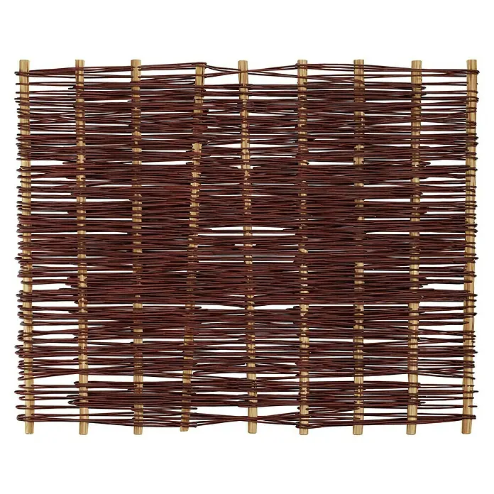 T & J Sichtschutzelement Aso - 180 x 150 cm, Braun - Dieses Bild zeigt einen detailreichen, rechteckigen Weidenzaun mit braunen Weidenzweigen, die horizontal um helle Holzpfosten geflochten sind.