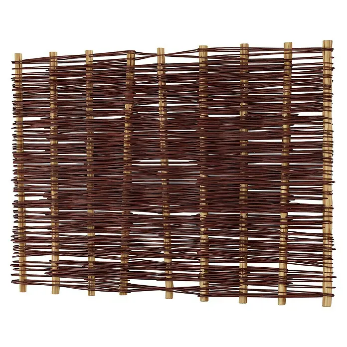 T & J Sichtschutzelement Aso - 180 x 120 cm, Braun - Detailaufnahme eines robusten, braunen Weidenzauns, der durch seine natürliche Flechtstruktur und Holzpfosten besticht.