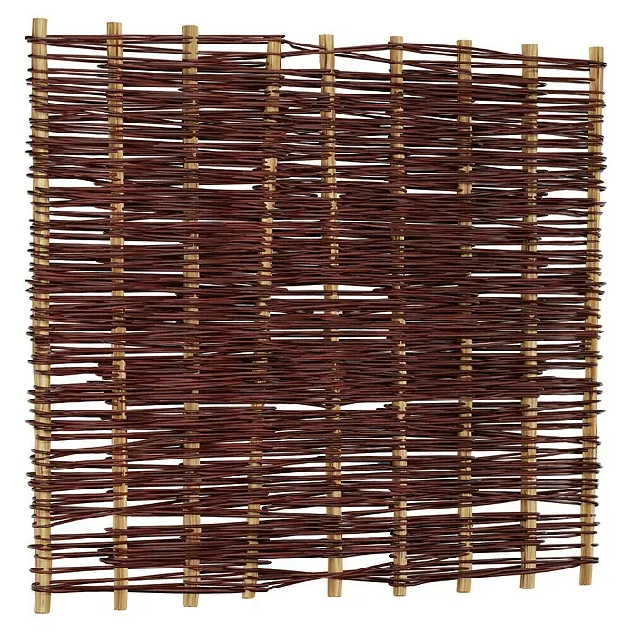 T & J Sichtschutzelement Aso - 180 x 150 cm, Braun - Ein rechteckiger Weidenzaun mit horizontal geflochtenen braunen Zweigen und vertikalen Holzpfosten. Ideal als Sichtschutz für Gärten und Terrassen.