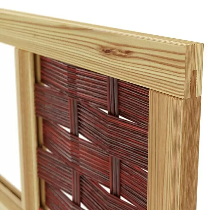 T & J Sichtschutzelement 3D Labo - 94 x 180 cm, 1 Fenster mit Rand, Naturbelassen, Braun - Heller Holzrahmen mit rotem Flechtwerk-Einsatz, Details zur Holzverbindung sichtbar.
