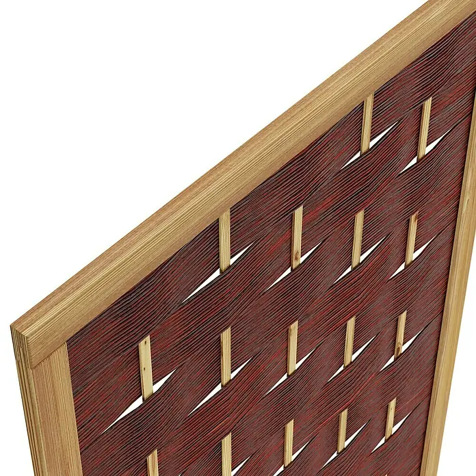 T & J Sichtschutzelement Ätna Gebeizt - 120 x 180 cm, Braun - Detailansicht eines dekorativen Raumteilers aus Holz und geflochtenem Material. Der Raumteiler besticht durch sein warmes, natürliches Design.