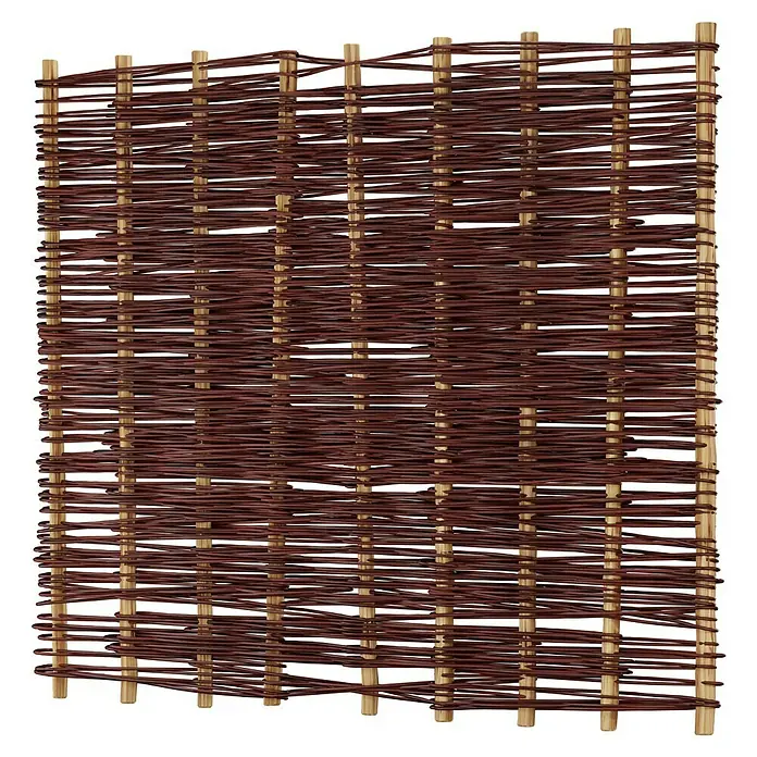 T & J Sichtschutzelement Aso - 180 x 150 cm, Braun - Das Bild zeigt einen dekorativen Weidenzaun, ideal als Sichtschutz oder Gartenelement, mit braunroten Weidenzweigen und hellen Holzpfosten.