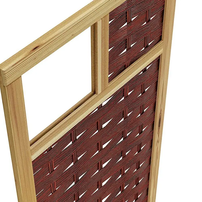T & J Sichtschutzelement 3D Labo - 94 x 180 cm, 1 Fenster mit Rand, Naturbelassen, Braun - Nahaufnahme eines hölzernen Sichtschutzes mit einem dekorativen, geflochtenen Einsatz und einem hellen Holzrahmen.