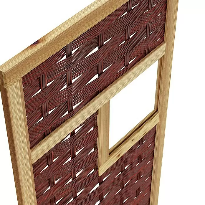 T & J Sichtschutzelement 3D Labo - 94 x 180 cm, 1 Fenster ohne Rand, Naturbelassen, Braun - Raumteiler mit hellem Holzrahmen und dunkelrotem Geflecht, mit rechteckigem Ausschnitt.