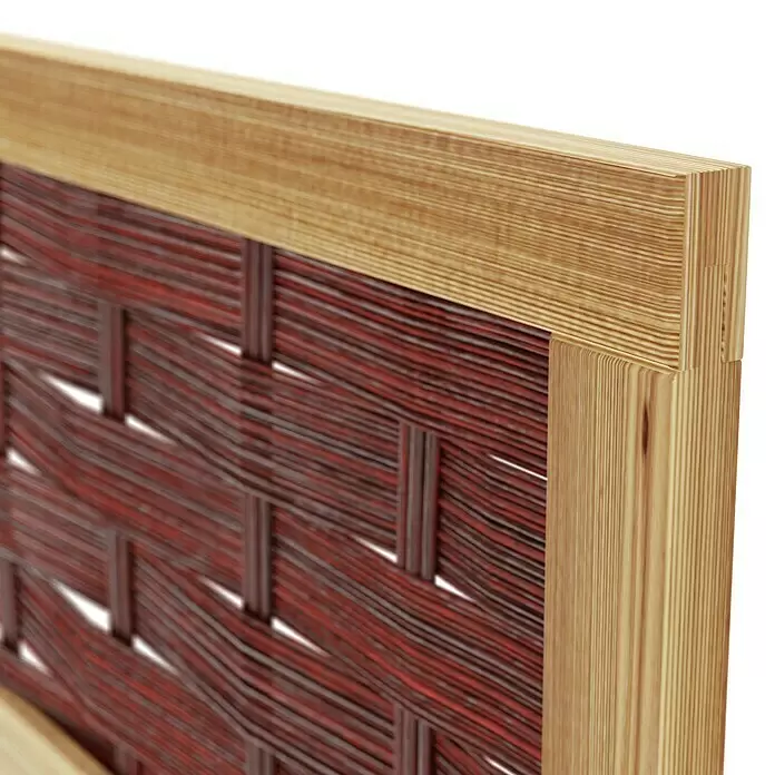 T & J Sichtschutzelement 3D Labo - 94 x 180 cm, 1 Fenster ohne Rand, Naturbelassen, Braun - Dekoratives Paneel mit rotem Flechtmuster und hellem Holzrahmen.
