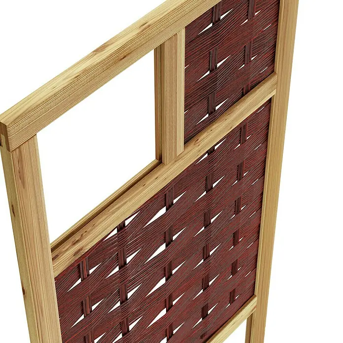 T & J Sichtschutzelement 3D Labo - 94 x 180 cm, 2 Fenster, Naturbelassen, Braun - Nahaufnahme eines geflochtenen Raumteilers mit Holzrahmen, der rustikalen Charme und Funktionalität vereint.