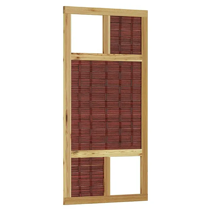 T & J Sichtschutzelement 3D Labo - 94 x 180 cm, 2 Fenster, Naturbelassen, Braun - Handgefertigter Paravent mit roten Webeinsätzen in einem hellen Holzrahmen, ideal als Raumteiler oder dekoratives Element.