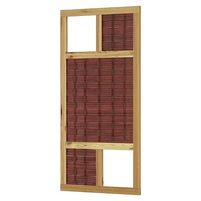 T & J Sichtschutzelement 3D Labo - 94 x 180 cm, 2 Fenster, Naturbelassen, Braun - Diese Aufnahme zeigt ein detailreiches Holzpaneel, das eine einzigartige Kombination aus Holzrahmen und rotem Webeinsatz bietet.