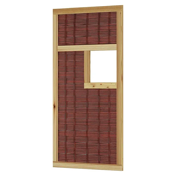 T & J Sichtschutzelement 3D Labo - 94 x 180 cm, 1 Fenster ohne Rand, Naturbelassen, Braun - Holzgerahmter Paravent mit einem bordeauxroten, gewebten Einsatz und einer quadratischen Aussparung. Ideal zur Raumtrennung.