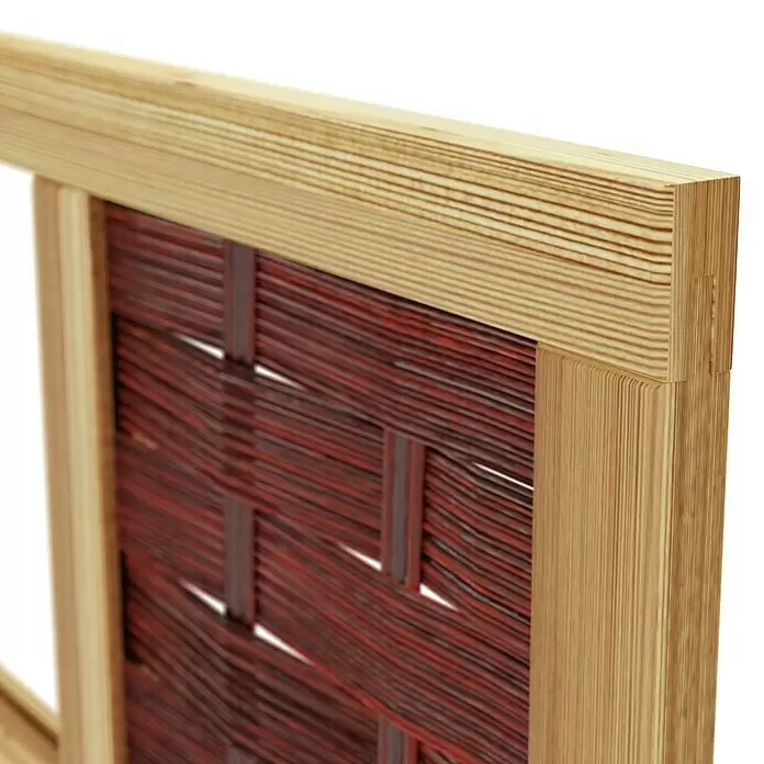 T & J Sichtschutzelement 3D Labo - 94 x 180 cm, 2 Fenster, Naturbelassen, Braun - Heller Holzrahmen mit gewebter rotbrauner Füllung.