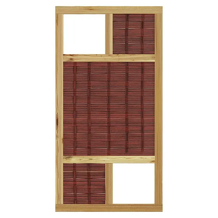 T & J Sichtschutzelement 3D Labo - 94 x 180 cm, 2 Fenster, Naturbelassen, Braun - Das Bild zeigt eine Holztür mit rotem Flechtmuster und zwei schwarzen Fensterbereichen. Das Holz hat eine helle, natürliche Farbe.