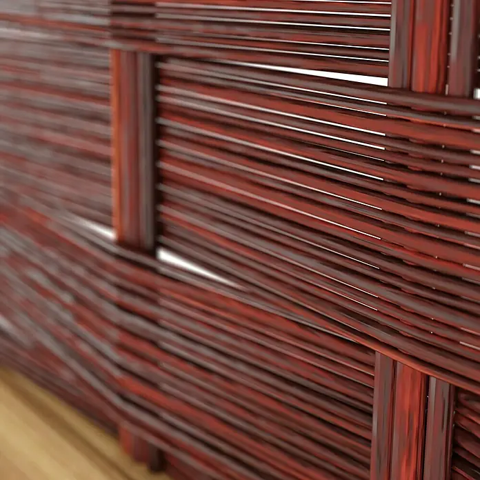 T & J Sichtschutzelement 3D Labo - 180 x 180 cm, 4 Fenster, Naturbelassen, Braun - Nahaufnahme eines Korbs aus rot gefärbtem Korbweidenmaterial. Die Textur und die Verarbeitung des Korbes sind gut erkennbar.