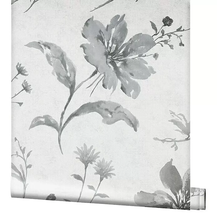 Marburg Shades Vliestapete - Grau, Floral, 10,05 x 0,7 m - Rolle Tapete mit einem monochromen grau-weißen Aquarell-Blumenmuster.