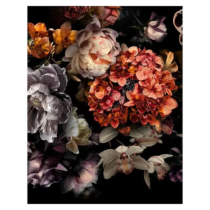 Marburg Smart Art Gallery Fototapete Blumen-Mix - B x H: 2,12 x 2,7 m, Vlies, Blumen II - Ein üppiges, dunkles Blumenarrangement mit orangefarbenen Hortensien, cremefarbenen Pfingstrosen, lila Rosen und weißen Orchideen.