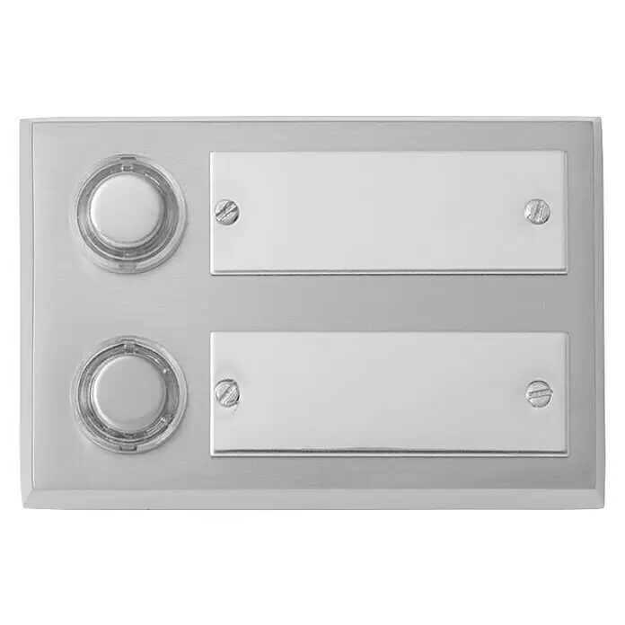 Heidemann Klingeltaster 70722 Mainau - Mit Namensschild, Silber, Drahtgebunden, 23 x 96 x 56 mm, Metall, 2-reihig - Gebürstete Metall-Zwei-Familien-Türklingel mit zwei Knöpfen und rechteckigen Namensschildern.