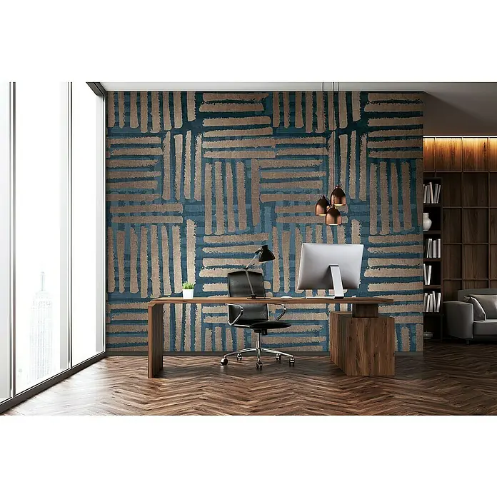 Marburg Smart Art Gallery Fototapete Grafisches Muster - B x H: 1,59 x 2,7 m, Vlies, Blau-Greige - Elegantes Büro mit stilvoller Tapete in Blau und Beige, die dem Raum eine moderne Note verleiht. Perfekt für ein inspirierendes Arbeitsumfeld.