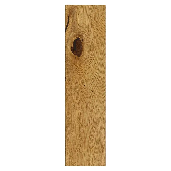 Parkett - Eiche Varius matt lackiert, Landhausdiele, 725 x 180 x 14 mm - Detailaufnahme eines Eichenholzpaneels mit Astloch und markanter Maserung, ideal für rustikale Möbel oder Wandverkleidungen.