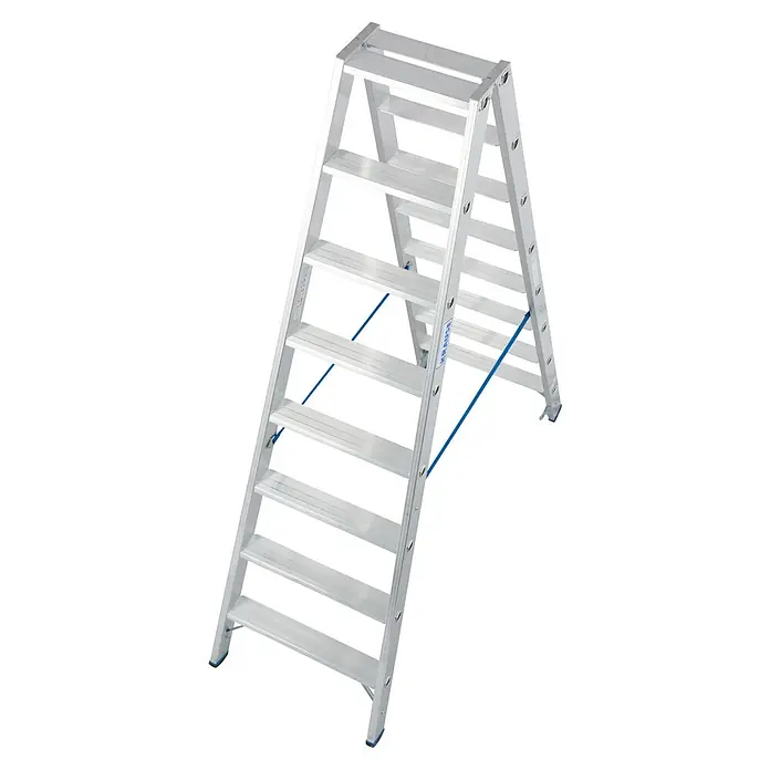 Krause Stabilo Doppelleiter - Anzahl Tritte: 16 Stk., Arbeitshöhe: 3,4 m, Aluminium - Eine freistehende, silberne Trittleiter mit sieben Stufen und blauen Streben. Ideal für den sicheren Aufstieg.