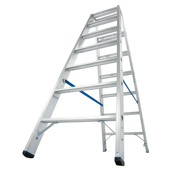 Krause Stabilo Doppelleiter - Anzahl Tritte: 14 Stk., Arbeitshöhe: 3,2 m, Aluminium - Eine Aluminium-Stehleiter, ideal für Arbeiten in verschiedenen Höhen, mit blauen Akzenten für zusätzliche Stabilität.