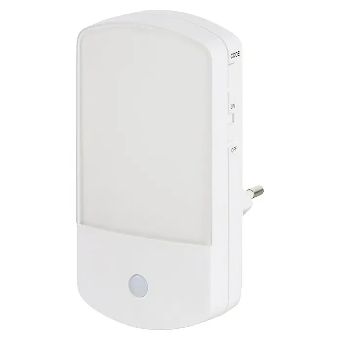 Heidemann Funkempfänger 70878 HX Nightlight - Reichweite ca.: 150 m, 85 dB, Netzbetrieben - Weiße LED-Nachtleuchte mit Helligkeitssensor, Schalter für "Code, On, Off" und Stecker für die Steckdose.