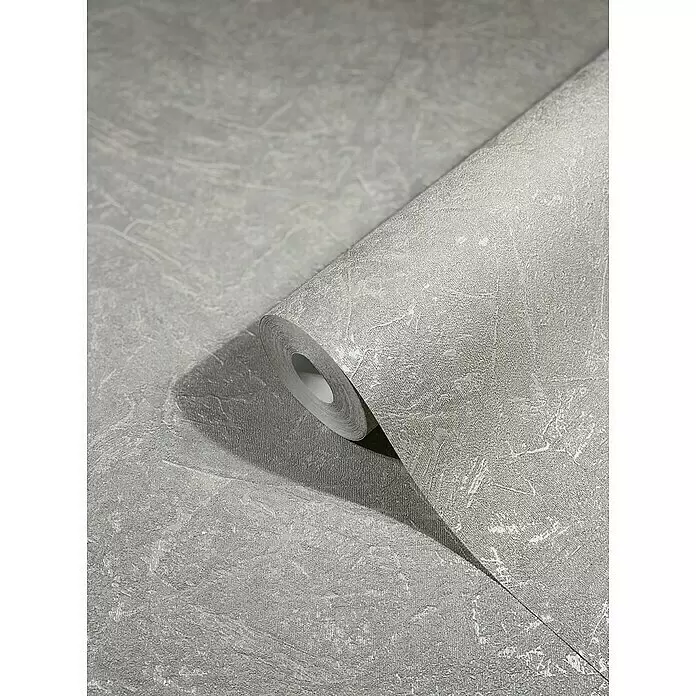 Marburg Vintage Deluxe Vliestapete - Grau-Pearl, Uni, 10,05 x 0,53 m - Helle, graue strukturierte Tapetenrolle mit dezentem Muster, teilweise ausgerollt.