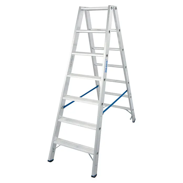 Krause Stabilo Doppelleiter - Anzahl Tritte: 14 Stk., Arbeitshöhe: 3,2 m, Aluminium - Eine freistehende Aluminium-Stufenleiter von Krause, ideal für den Heim- und Handwerkerbereich, mit blauen Verstrebungen für Stabilität.