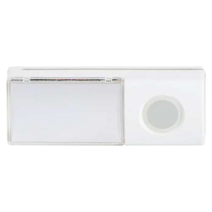 Heidemann Funksender 70886 HX Glow - Reichweite ca.: 200 m, Batteriebetrieben, IP55 - Nahaufnahme eines weißen Namensschildes mit transparentem Fach und runder Aussparung.
