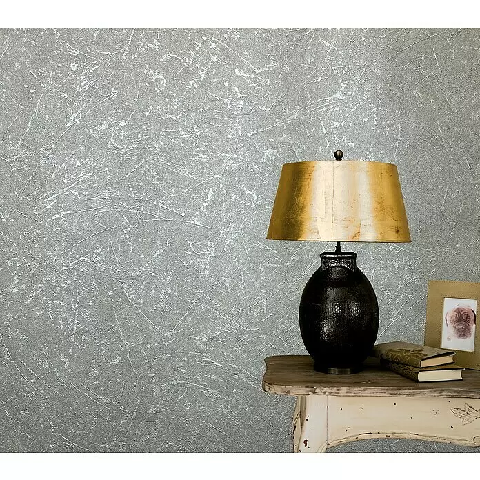 Marburg Vintage Deluxe Vliestapete - Grau-Pearl, Uni, 10,05 x 0,53 m - Silber-graue strukturierte Tapete mit abstraktem, metallischem Muster.