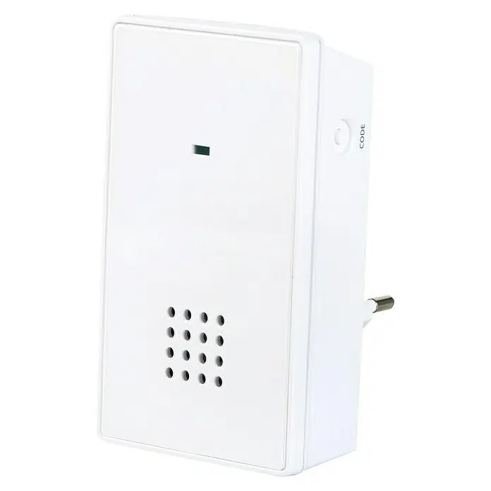 Heidemann Funkempfänger 70875 Smart 230V WiFi - Weiß, Netzbetrieben - Nahaufnahme eines weißen elektronischen Geräts mit Stecker und kleinen Löchern zur Belüftung.