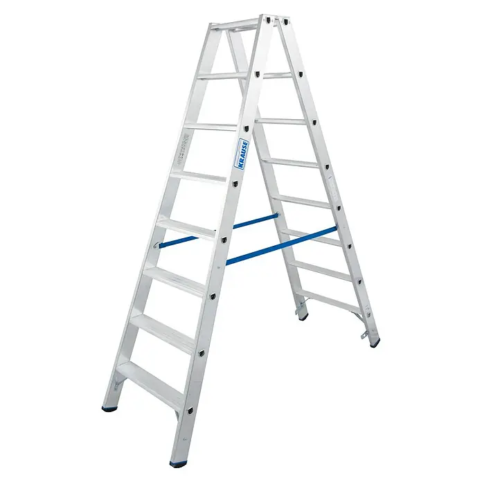 Krause Stabilo Doppelleiter - Anzahl Tritte: 16 Stk., Arbeitshöhe: 3,4 m, Aluminium - Eine freistehende, silberfarbene Krause-Leiter mit blauen Verstrebungen. Sie ist für den vielseitigen Einsatz konzipiert.\n